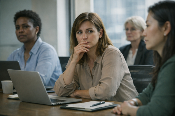 Four women attend a focused office meeting