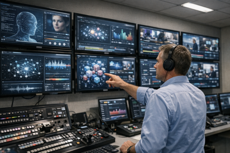 Analyst monitors AI data dashboards in a control room