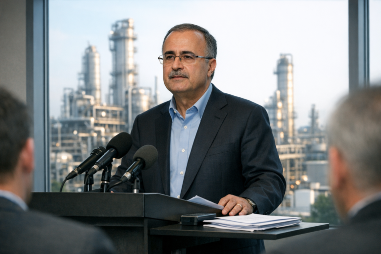 Executive speaks at podium before industrial refinery backdrop