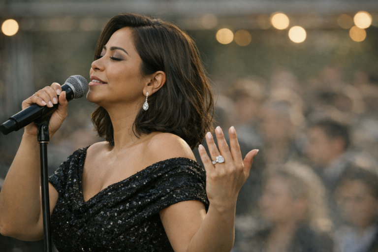 Woman in black sequined dress singing into microphone