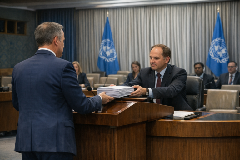 Officials exchange documents in a United Nations meeting room.
