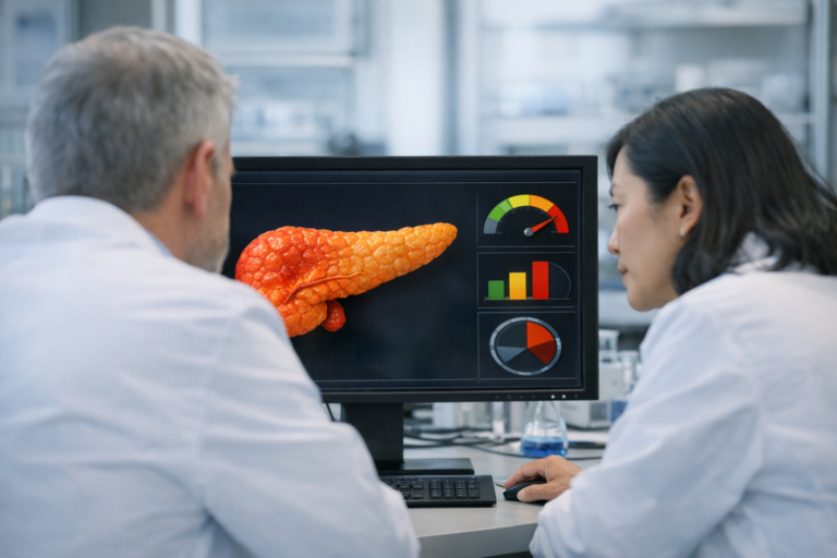 Doctors review pancreatic imaging and diagnostic charts