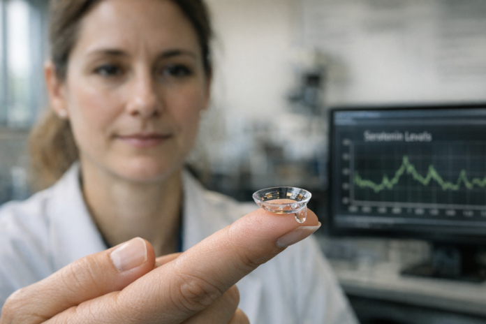 Scientist holds contact lens before screen showing serotonin levels