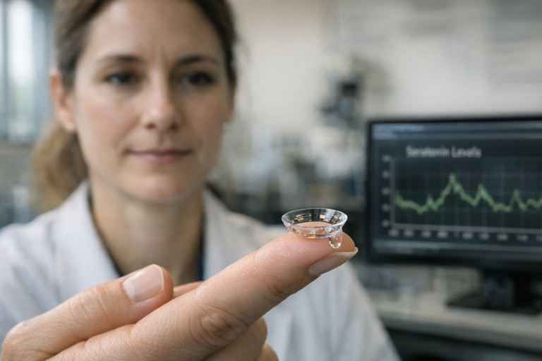 Scientist holds contact lens before screen showing serotonin levels