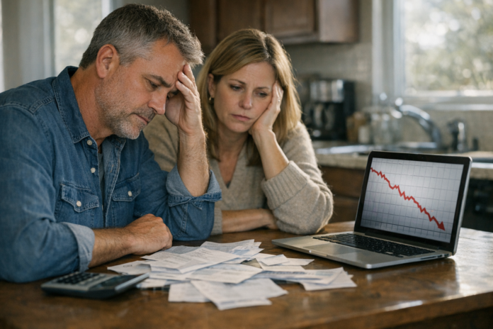 Worried couple reviewing bills beside laptop with declining graph