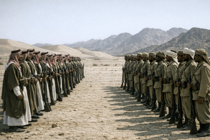 Two armed groups face each other in a desert