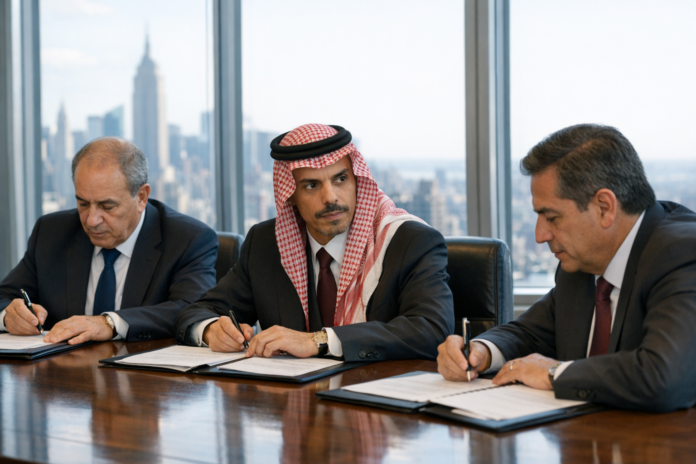 Three executives sign documents in a high-rise office.