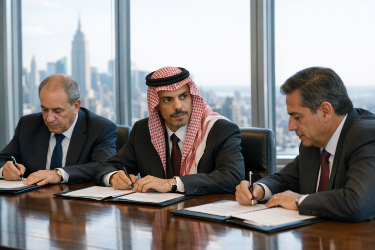 Three executives sign documents in a high-rise office.