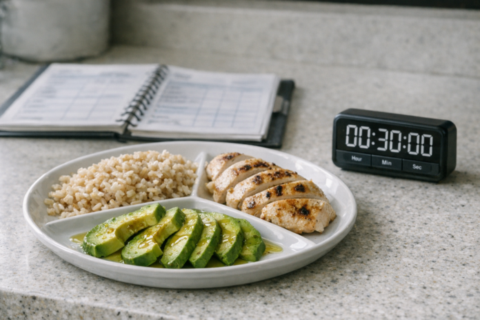 Meal-prep plate with chicken, brown rice, avocado, and timer