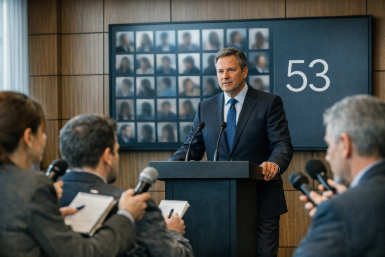 Man addresses reporters at podium beside display reading 53.