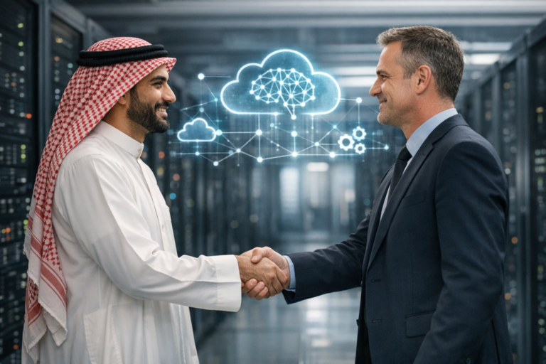 Businessmen shake hands before cloud computing graphic in data center