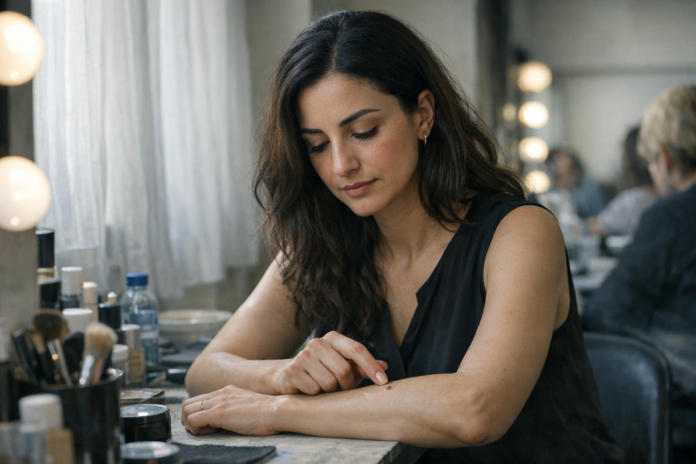 Woman examining mole on forearm at makeup mirror