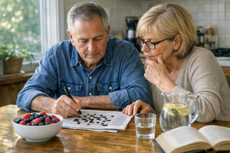 Older couple solving a crossword puzzle at kitchen table