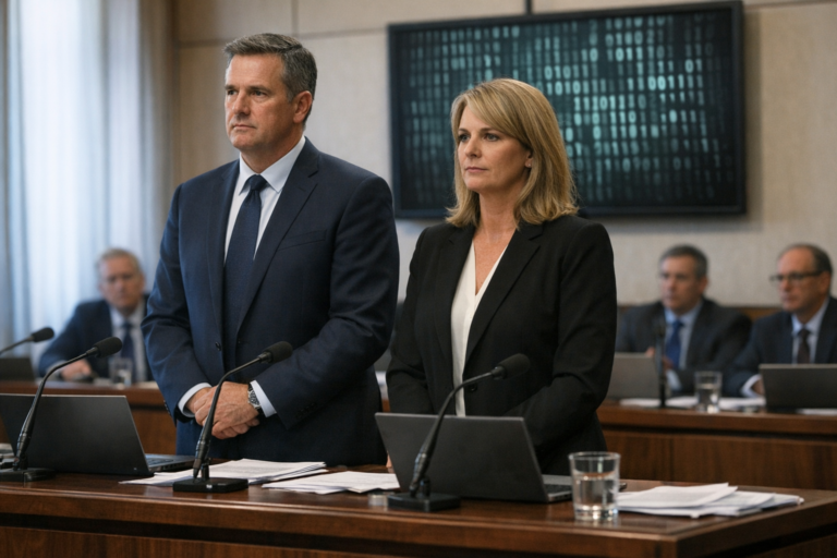 Two attorneys stand at microphones in a courtroom.