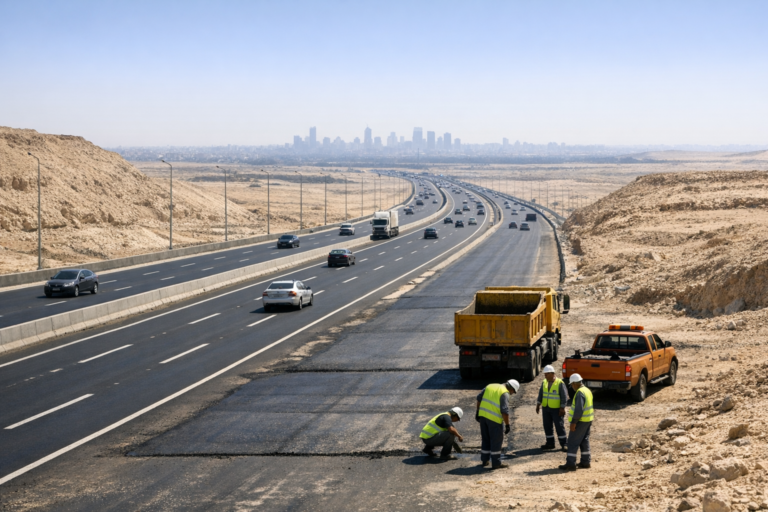 Road workers beside desert highway leading toward distant skyline