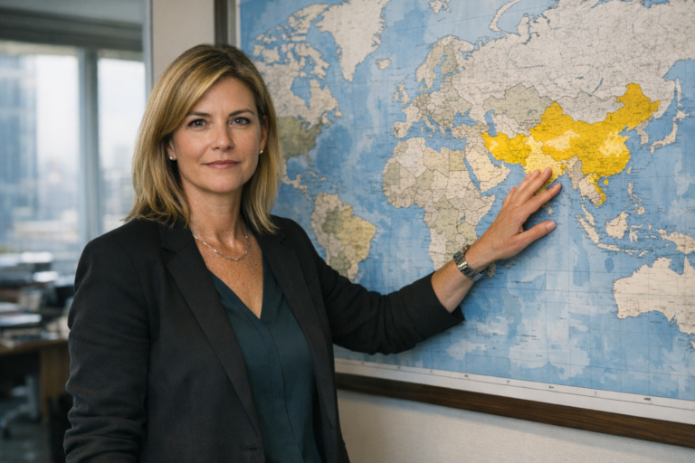 Businesswoman points to China on a world map
