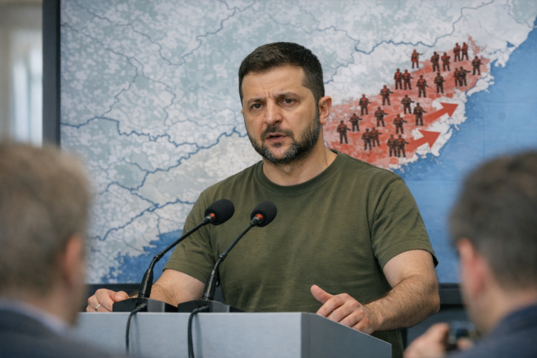 Volodymyr Zelenskyy speaks at podium before military map
