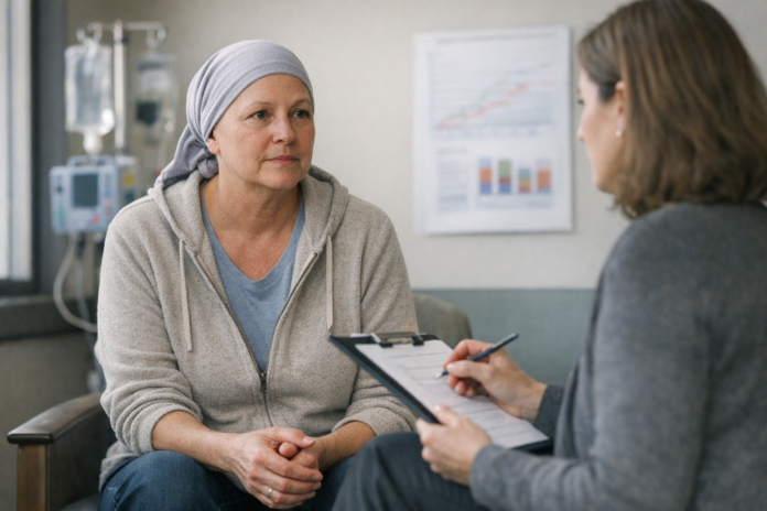 Patient in headscarf speaks with healthcare provider