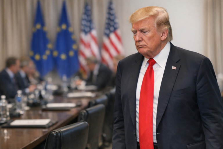 Donald Trump standing beside conference table with U.S. flags