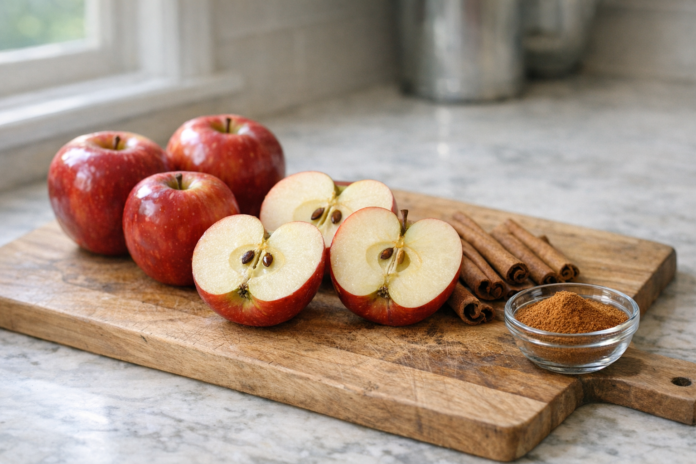 Red apples, cinnamon sticks, and ground cinnamon on board