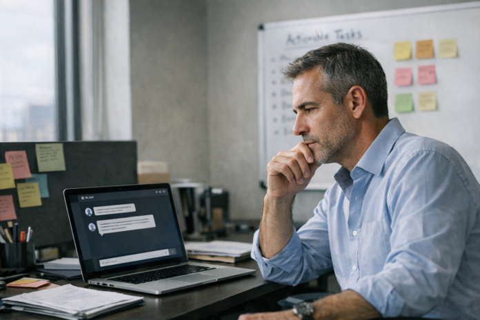 Man thoughtfully reading messages on laptop at office desk