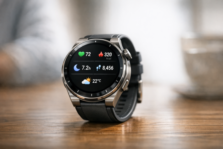 Smartwatch displaying health, sleep, activity, and weather metrics