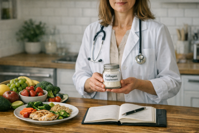 ألواح الكولاجين وإنقاص الوزن: ما حجم الدليل وما المخاطر؟.jpg Doctor holding collagen supplement jar beside healthy foods