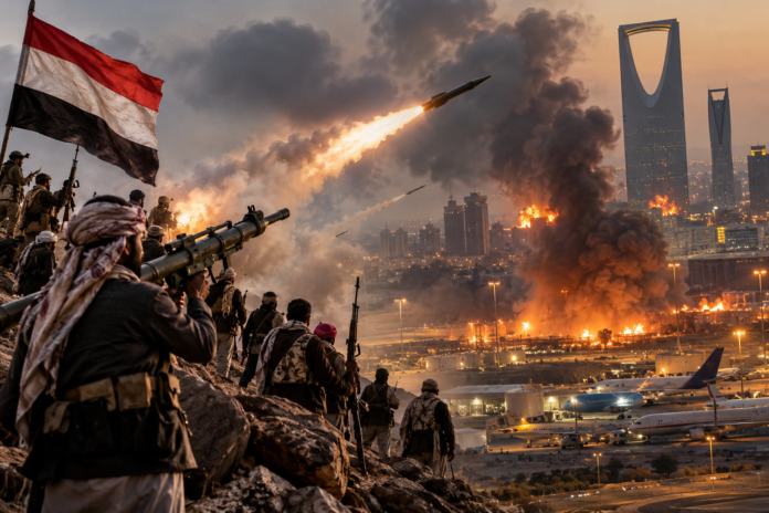Armed fighters launch missiles toward a burning city skyline.