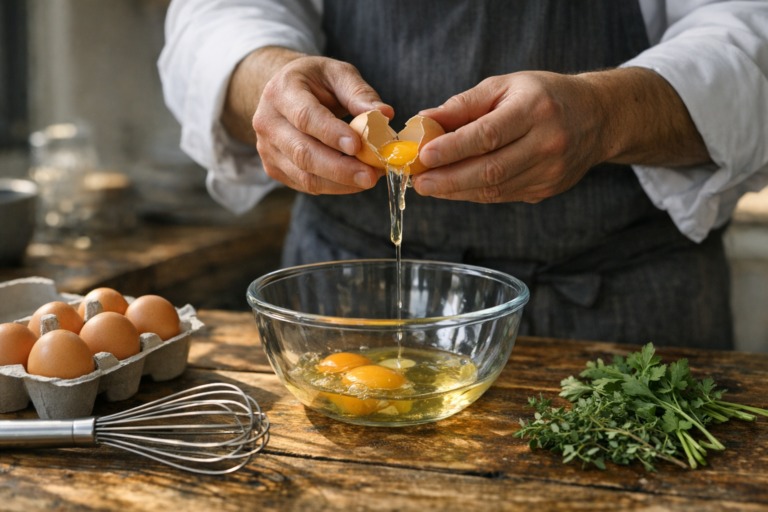 Cook cracking an egg into a glass bowl