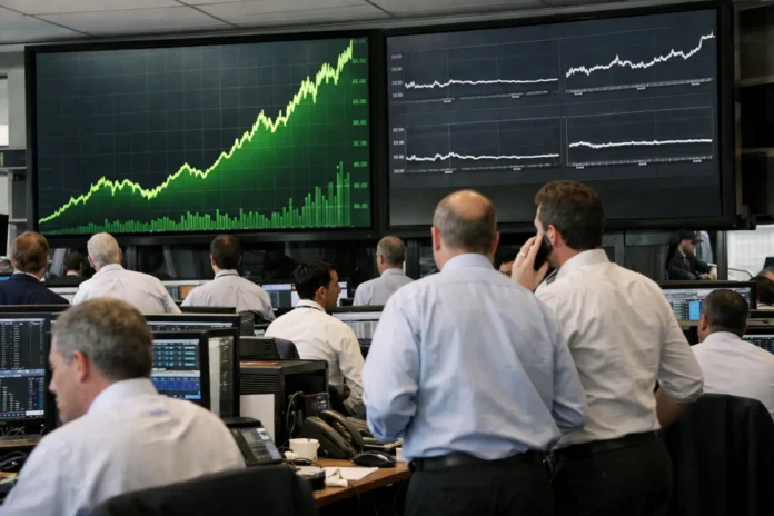 Traders watch rising stock charts on large screens