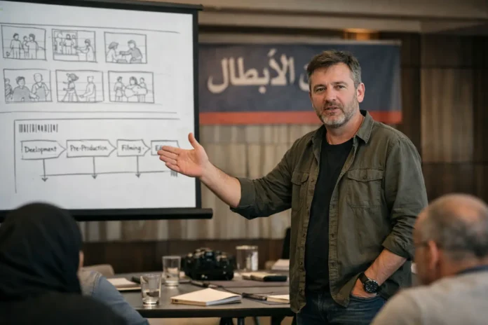 Man presents film production workflow to a meeting group