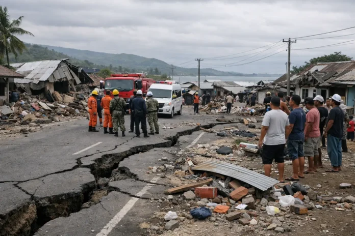 Rescuers and residents amid earthquake damage in coastal village