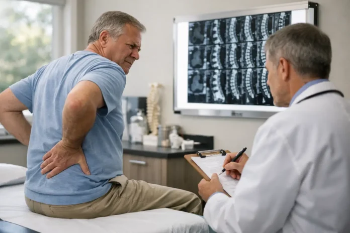 Older man with back pain consulting doctor