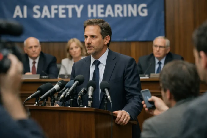 Man testifies at AI safety hearing before microphones