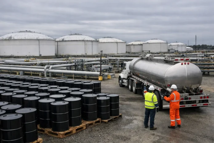 وكالة الطاقة الدولية: الدول الأعضاء أفرجت عن 325 مليون برميل من مخزونات النفط.jpg Workers beside tanker truck at an industrial oil storage facility