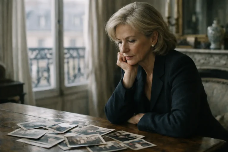 Older woman thoughtfully looking at photographs on a table