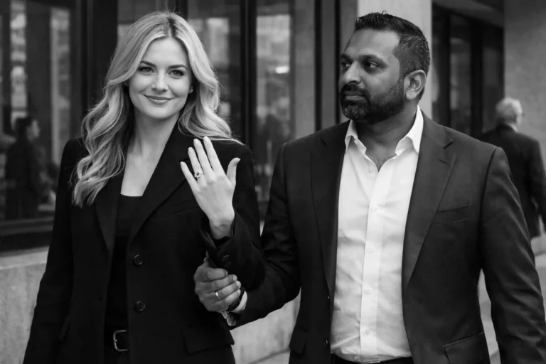 Woman displays engagement ring while walking with partner