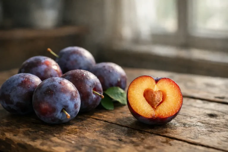 Fresh purple plums and a halved plum on wooden table