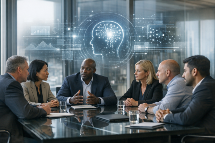 Business team discussing artificial intelligence strategy in boardroom