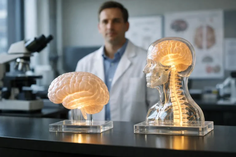 Illuminated brain models in a neuroscience laboratory