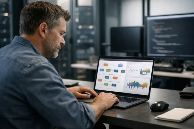 Data analyst reviewing dashboards on laptop in office