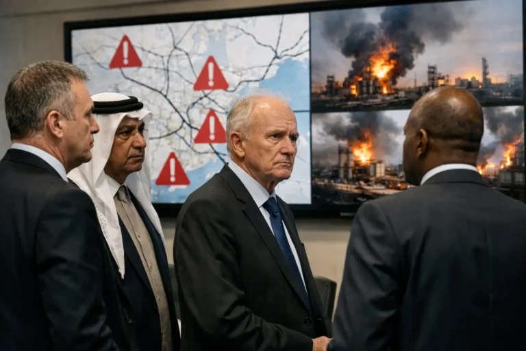 Officials review maps and refinery fire images on monitors.