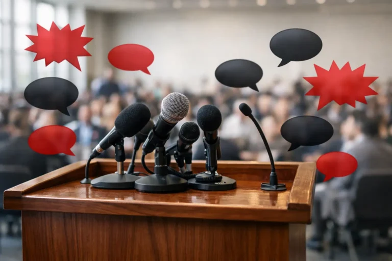 Microphones at podium with speech bubbles before blurred audience