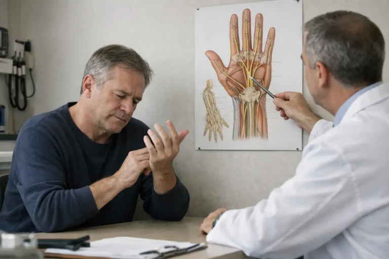 Doctor explains hand anatomy to patient with wrist pain
