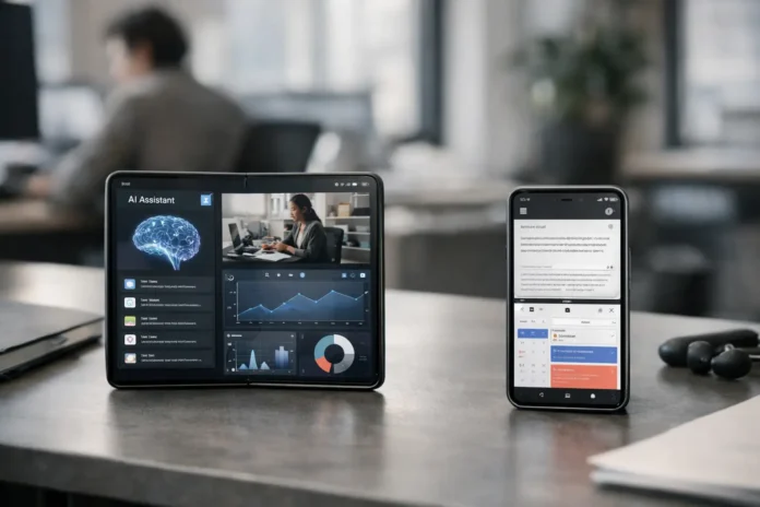 Tablet AI dashboard and smartphone calendar on office desk