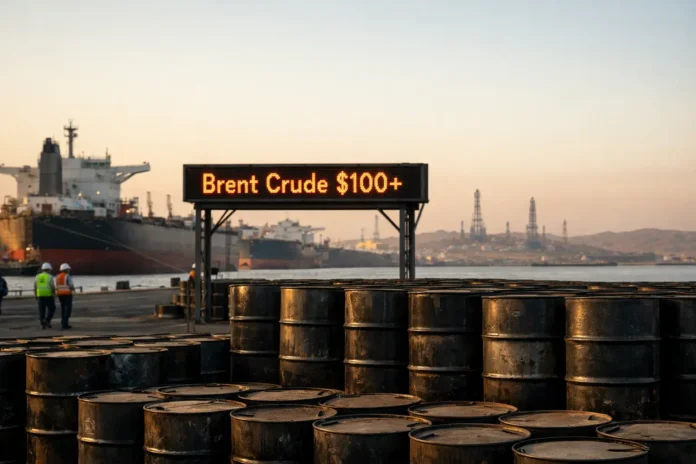 Oil barrels beneath Brent crude $100 sign at port