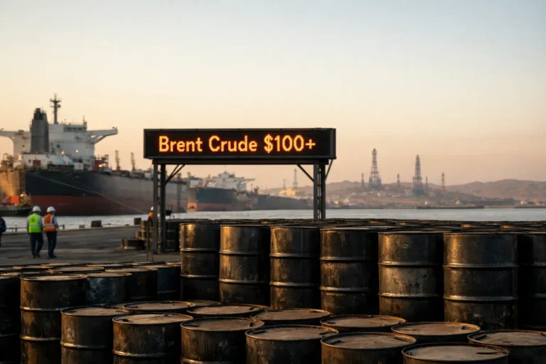 Oil barrels beneath Brent crude $100 sign at port