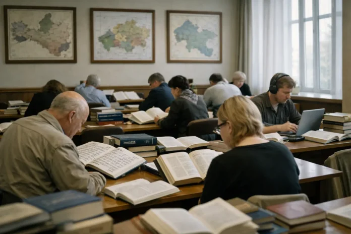 Students studying books in a library reading room