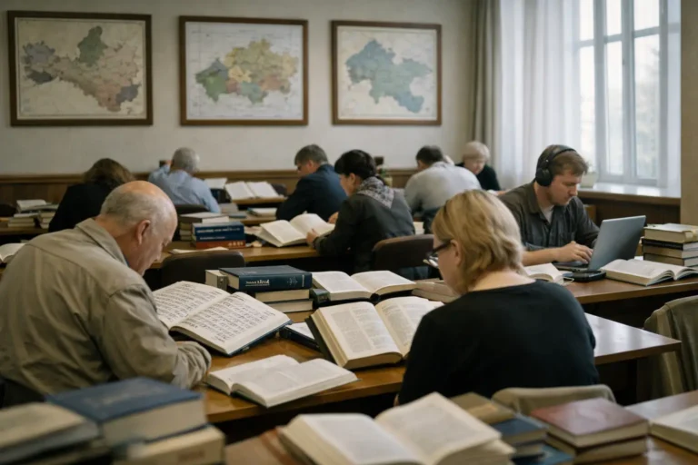 Students studying books in a library reading room