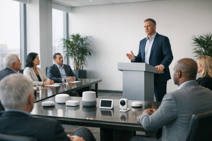 شركة آبل تدخل رسميًا سوق أجهزة المنزل الذكي في 13 أكتوبر.jpg Executive presents smart devices to boardroom attendees
